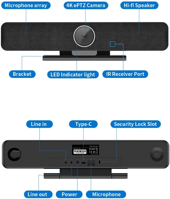 Video Conferencing System 4K Conference Room Camera with 4 Microphones &amp 1 Expansion Mic &amp Speaker AI Face &amp Speaker Tracking 120° Wide Angle View PC/Mac/Laptop/Meetings/Teams/Zoom - L