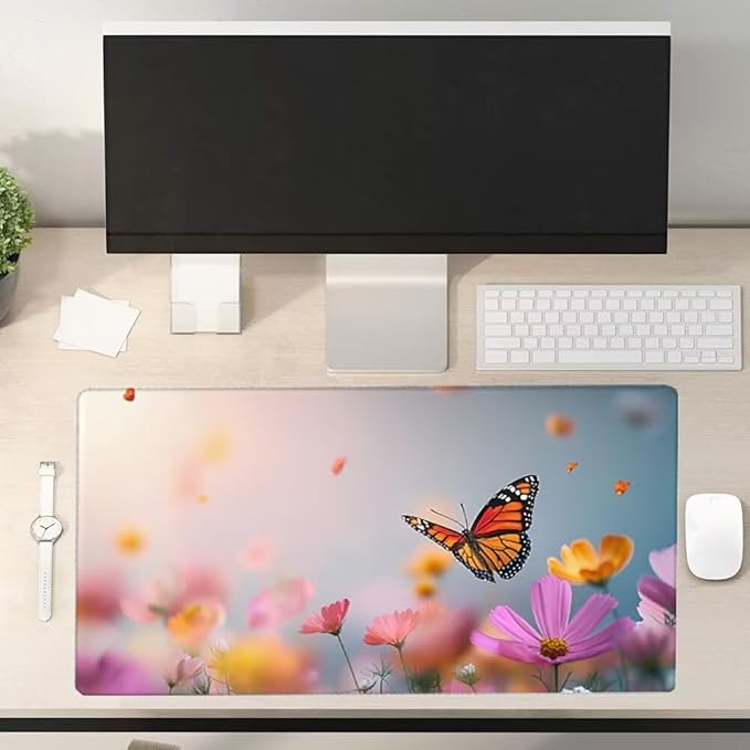 Large Mouse Pad Butterfly Desk Mat Pink Office Gaming Mouse Pad with Stitched Edges 24x16in Extended Mousepad with Non-Slip Waterproof Rubber Base for PC Laptop Desk Home Office Accessories a-1424