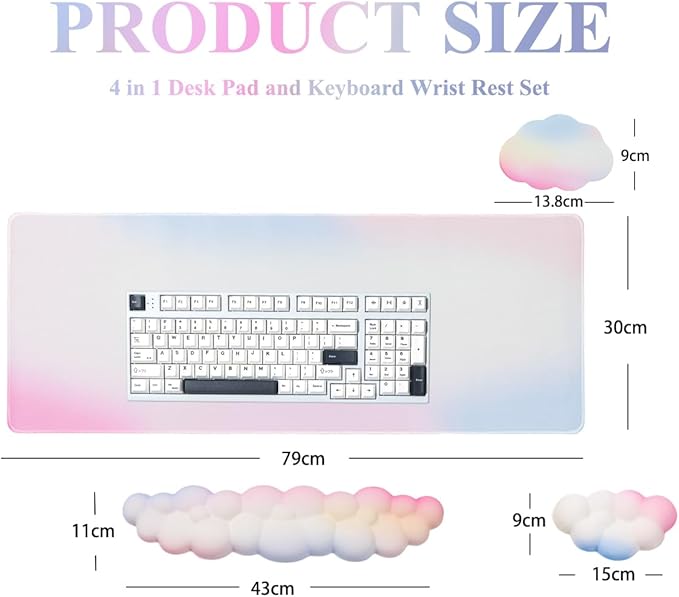 Gaming Desk Mat with Keyboard Wrist Rest Set 4 in 1 Large Mouse Pad &amp Cloud Keyboard Wrist Rest&amp Mouse Wrist Rest&ampCoaster Comfort and Support for Typing and Gaming