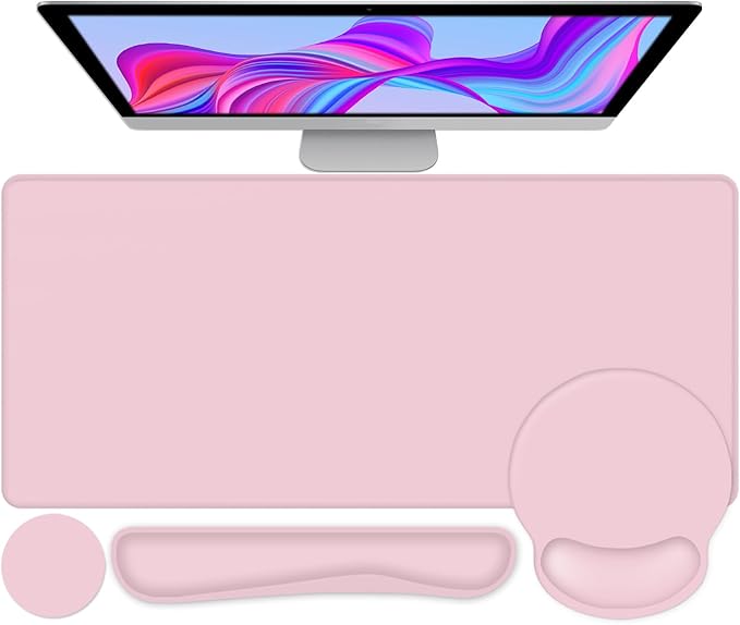Mouse Pad Desk Pad Protector Keyboard Wrist Rest + Mouse Pad Wrist Rest +Coaster Large Gaming Pad for Computer Keyboard Laptop XXL Desk Mat Writing Pad for Office and Home Pink