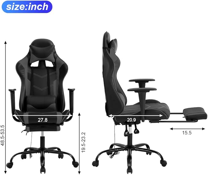 Gaming Chair with Massage &amp Footrest - Ergonomic Racing Office Chair for Adults Women Gamers - Adjustable Reclining PC Gaming and Home Office Desk Chair with Lumbar Support Grey