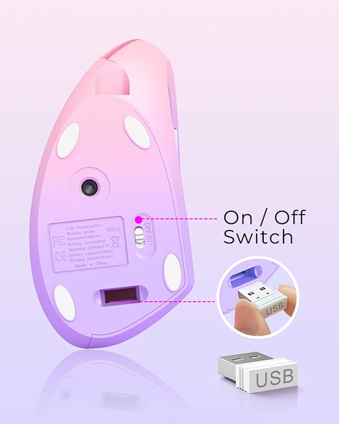 Lekvey Ergonomic Mouse Vertical Wireless Mouse Rechargeable 2.4 GHz Optical Carpal Tunnel Mouse : 800/1200/1600 DPI 6 Buttons for Laptop PC Mac Computer Desktop Notebook etc Pink to Purple