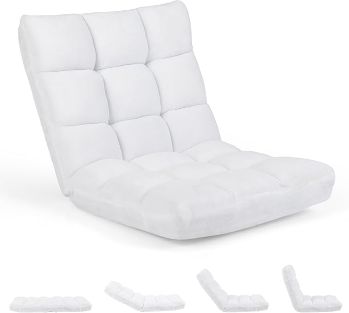 RELAX4LIFE Floor Chair with Back Support - 14-Position Adjustable Lazy Sofa Chair Padded Sleeper Bed &amp Couch Recliner for Reading Meditation Folding Floor Gaming Chair for Adults (White)