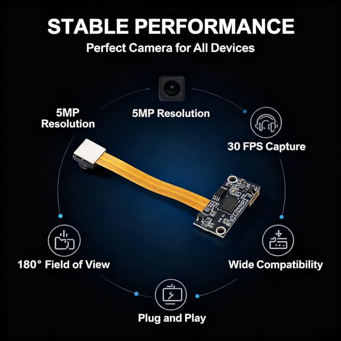 Camera Module Black 5MP Autofocus Wide Angle 180° Field of View - Stable Image USB Interface Drive Plug and Play for Multiple Systems