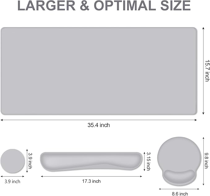 4 PCS Mouse Pad Desk Mat Protector Keyboard Wrist Rest + Comfortable Mouse Pad with Wrist Rest +Coaster Large Gaming Mousepad for Computer Laptop 35.4X 15.7 Deskpad for Office Home I Light Gray