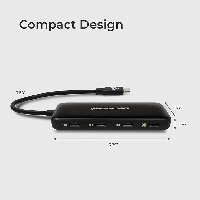 IOGEAR 4-Port USB-C Hub USB 3.2 Gen 2 10Gbps 100W Power Pass-Through High-Speed USB-C Expansion Hub for SSDs Hard Drives Laptops macOS Windows (GUH3C4C)