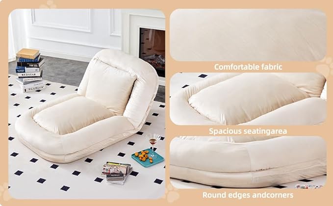 Folding Sofa Chair with 5 Adjustable Positions Plush Floor Lounge Chair for Gaming Meditation and Relaxation (Beige 2)