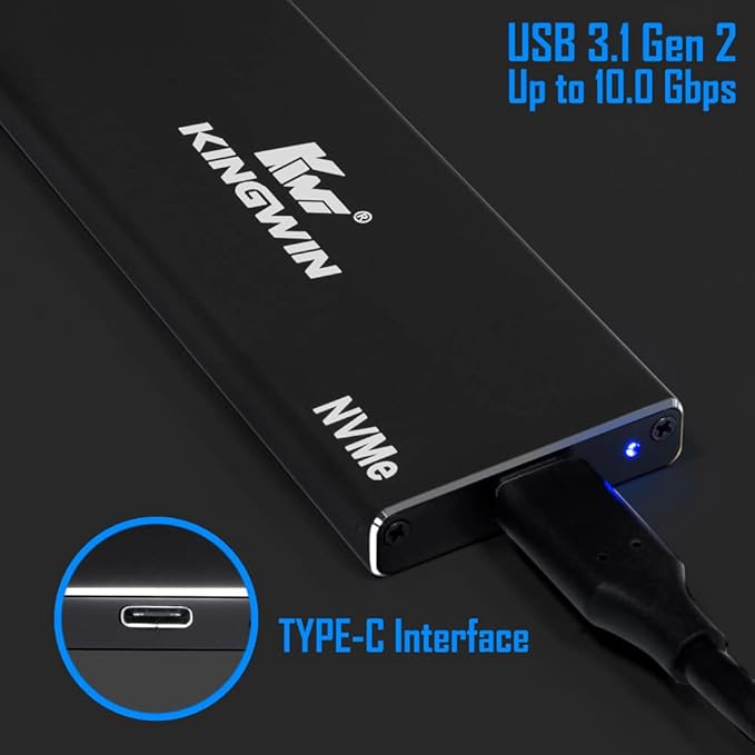 Kingwin M.2 SSD NVMe External Enclosure 10Gbps USB 3.1 Gen 2 M-Key to USB C Solid State Drive Adapter PCIe USB 3.0 USB C Cables Fit Size 2230/2242/2260/2280 Aluminum KM-U3NGFF-NVE