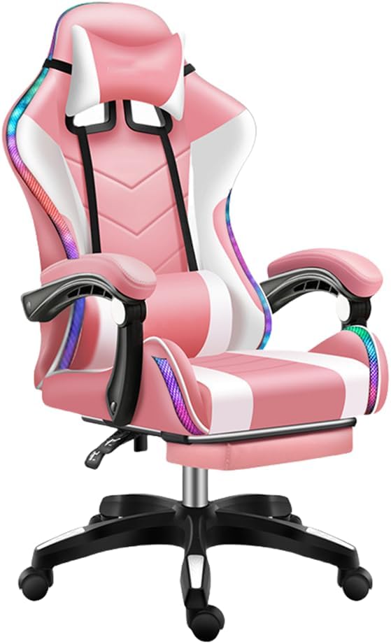 Pink Gaming Chair with Footrest Cute Kawaii Gaming Chair for Girl Bluetooth Speaker and Linkage Armrests Design Comfortable Reclining Game Chair for Gaming