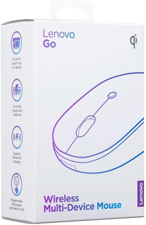 Lenovo Go Multi-Device Wireless Mouse 2.4GHz Nano USB-C Receiver Bluetooth Adjustable DPI USB-C Rechargeable Battery Qi Wireless Charging Ambidextrous GY51C21211 Grey