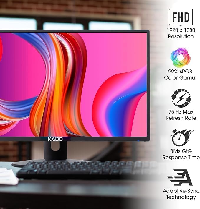 Kado Triple Monitor Setup - 3-Pack 24 1920x1080 Computer Monitor 75Hz VESA Mount HDMI Office Gaming Hybrid Built-in Speakers (E24 Trio Series)