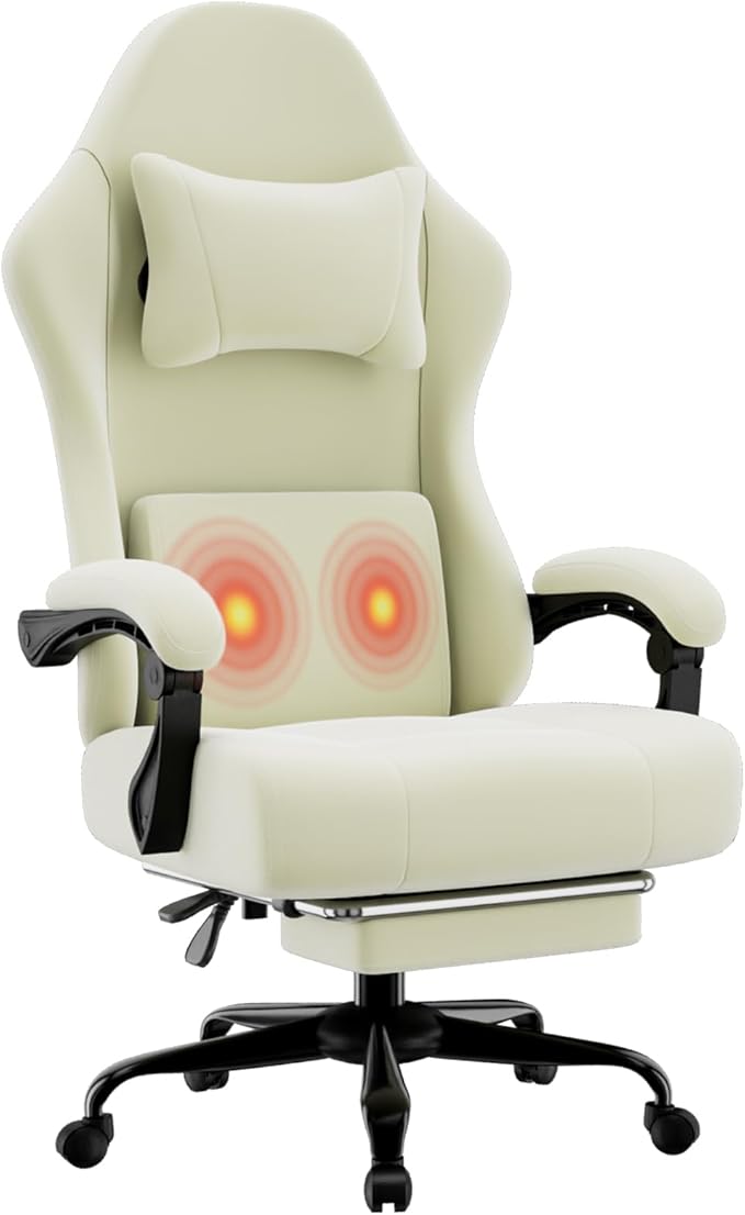 Ergonomic Gaming Chair Video Game Chair with Massage Lumbar Support and Footrest Height Adjustable Fabric Computer Chair with Pocket Spring Cushion (White)