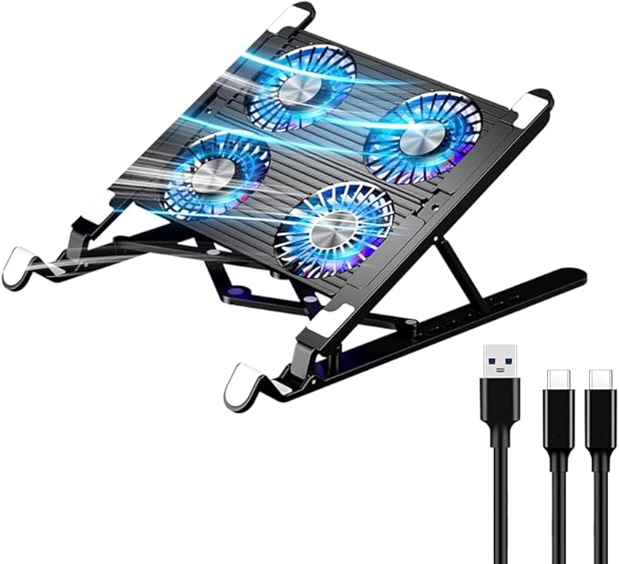 Laptop Cooling Pad for 11-17.3 Inch Gaming Laptops Foldable Laptop Stand Riser Holder with 4 Quiet Fans for Notebook Portable Laptop Cooler with 7 Adjustable Height LED Lights