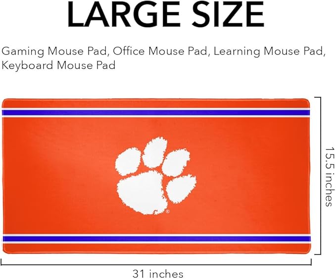 Clemson University Tigers Primary Logo Stripes Large Gaming Mouse Pad Desk Mat with Stitched Edges Non-Slip Base for Gamer Home and Office 31.5 x 15.7
