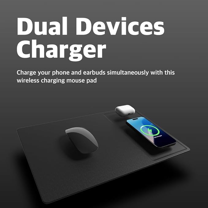 POUT H3 PRO Dual Qi Wireless Charging Mouse Pad – Dual Fast Wireless Chargers for Smartphones and Earbuds – Smooth Surface with Anti-Slip Base for Home and Office Use (Cold Black)