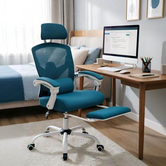 Ergonomic Desk Chair High Back Office Chair with Wheels and Arms Computer Chair with Footrest Swivel Reclining Gaming Chair with Headrest Comfy Armrest for Home Office Work Study Blue