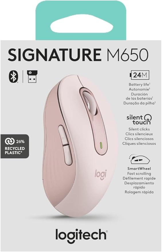 Logitech Signature M650 Wireless Mouse - for Small to Medium Sized Hands 2-Year Battery Silent Clicks Customizable Side Buttons Bluetooth for PC/Mac/Multi-Device/Chromebook - Rose