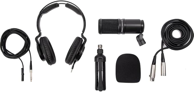 Zoom ZDM-1 Podcast Mic Pack Podcast Dynamic Microphone ZHP-1 Headphones TPS-4 Tripod Windscreen 2-Meter XLR Cable for Recording &amp Streaming Podcasts + Cleaning kit