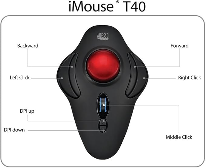 Adesso iMouse T40 Wireless Ergonomic Finger Trackball Mouse with Nano USB Receiver Programmable 7 Button Design and 5 Level DPI Switch for Left and Right Hand