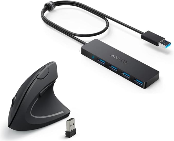 Anker 4-Port USB 3.0 Hub Ultra-Slim Data USB Hub 2.4G Wireless Vertical Ergonomic Optical Mouse