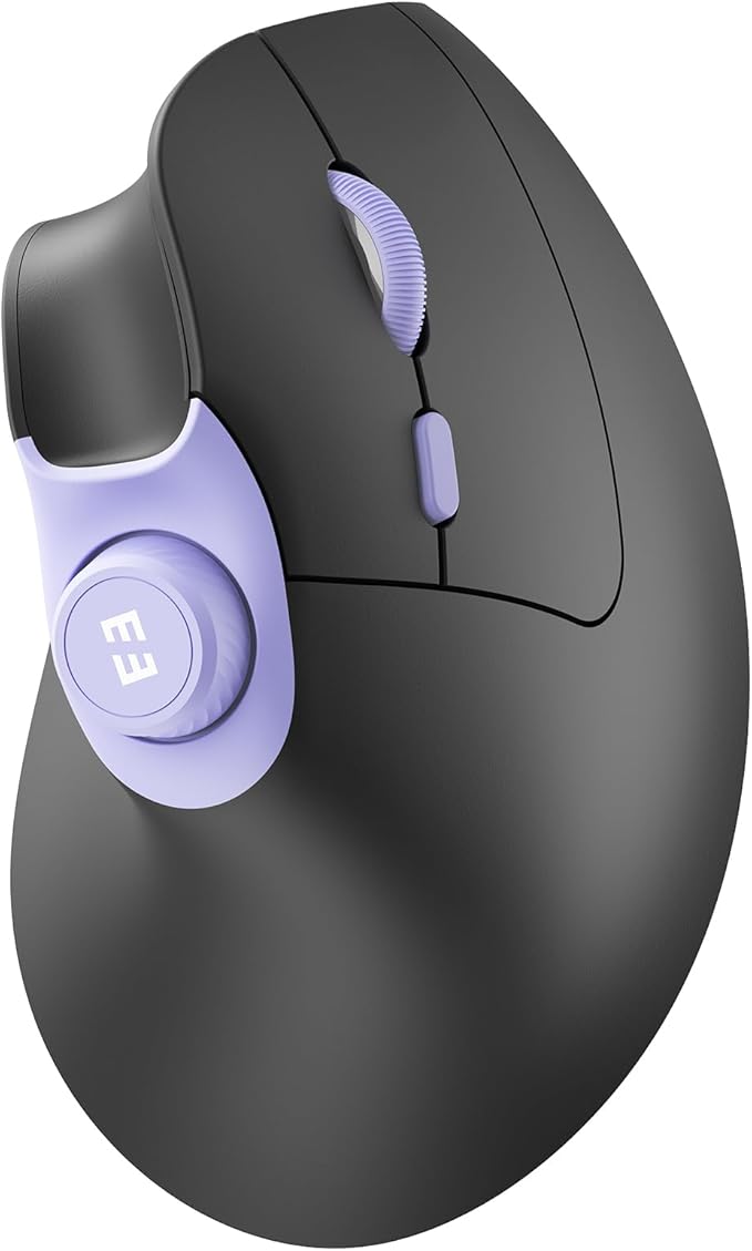 seenda Ergonomic Mouse Wireless MOU-302 Bluetooth Vertical Mouse Rechargeable Optical Mice with 1000/1600/2400 DPI Volume Knob 3 Multi-Device Connectivity for Computer/PC/Laptop/Mac Black Purple