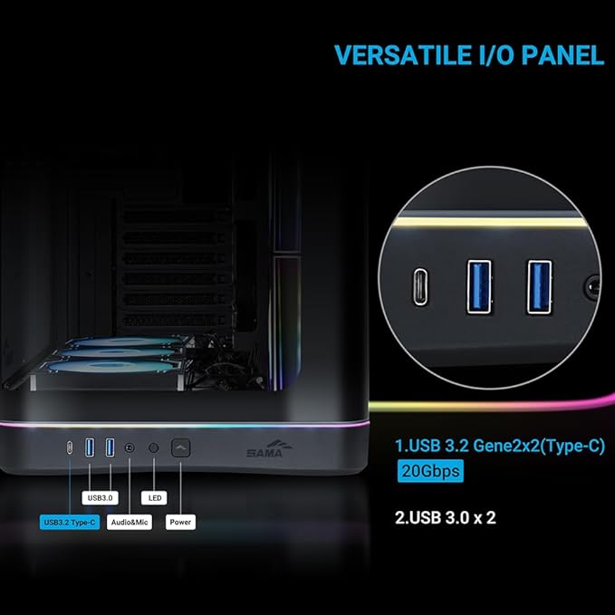 SAMA V62 Mid-Tower PC Case 7x120mm Pre-Installed ARGB PWM Fans 4mm Tempered Glass USB 3.1 Type-C &amp USB 3.0 Ports 7 Slots Support ATX/MATX/ITX (Back-Connect Compatible) Black