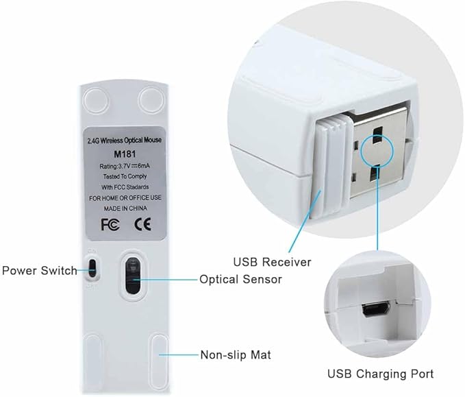 Wireless Mini Rechargeable Travel Mouse 2.4G Ultra Slim Portable Computer Mouse with Receiver Storage for Laptop/PC/Mac - White