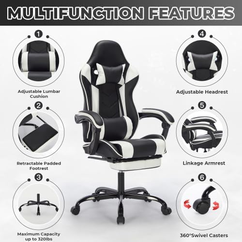 extrasleep Video Game Chairs with Footrest Ergonomic Gaming Chair for Adults with Massage Lumbar Support Adjustable Backrest Computer Gaming Chair Leather Desk Chair Black White