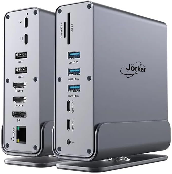 Vertical Laptop Docking Station 3 Monitors 15-in-1 USB C Dock Station Hub Triple Display with 2X 4K HDMI &amp 1x DP 10Gbps USB-C and USB-A 3.2 Data 100W PD Charging+Ethernet+SD/TF+Audio