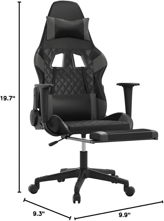 Black and Gray Gaming Chair with USB Massage and Reclining Backrest Ergonomic Office Chair with Adjustable Armrests and Memory Foam Cushion for Long Sessions Supports 265