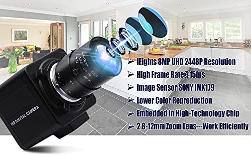8MP USB Camera with Zoom 2.8-12mm Lens Webcam Variable Focus PC Camera Mini UVC USB2.0 USB with Camera for Computer IMX179 Manual Zoom Close-up Camera Varifocal Web Camera for Raspberry Pi Laptop