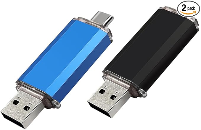 2-Pack 128GB USB C Flash Drive Dual Flash Drive Type C + USB A Memory Stick Jump Drive 2-in-1 Thumb Drive for Storage and Backup (128GB*2 Black&ampBlue)