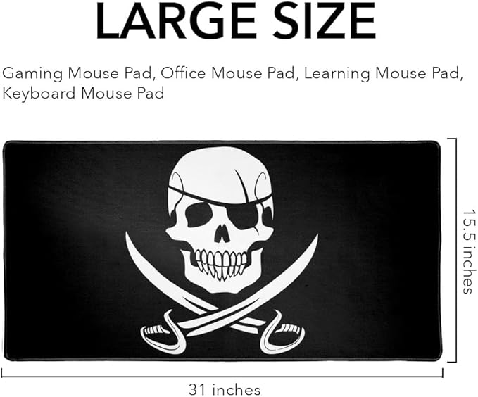 Pirate Skull Crossed Swords Jolly Roger Large Gaming Mouse Pad Desk Mat with Stitched Edges Non-Slip Base
