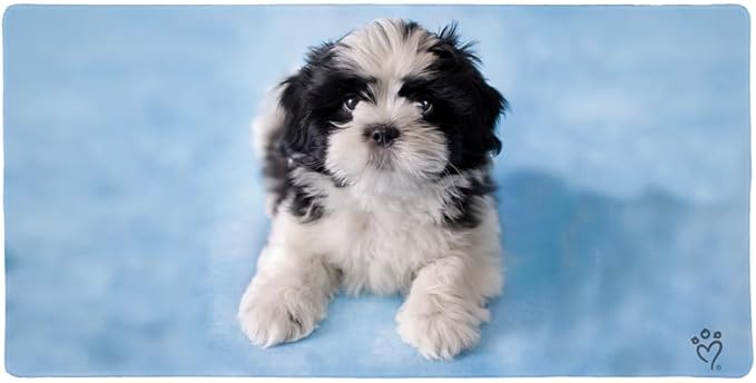 Shih Tzu Dog Black White on Blue Large Gaming Mouse Pad Desk Mat with Stitched Edges Non-Slip Base