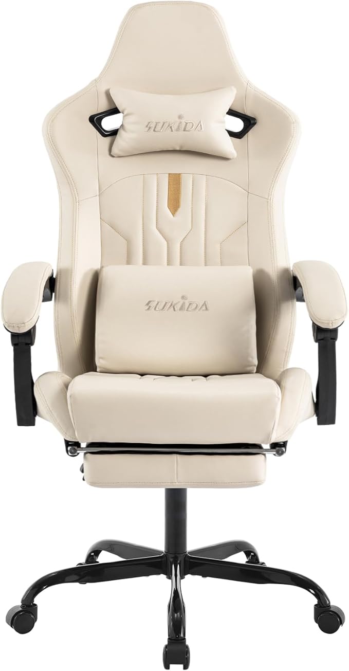 Gaming Chair with Footrest Ergonomic Computer Chair Massage Lumbar Cushion Racing Video Game Chair Adjustable Rocker Recliner Executive Office Desk Chair Pu Leather for Adults