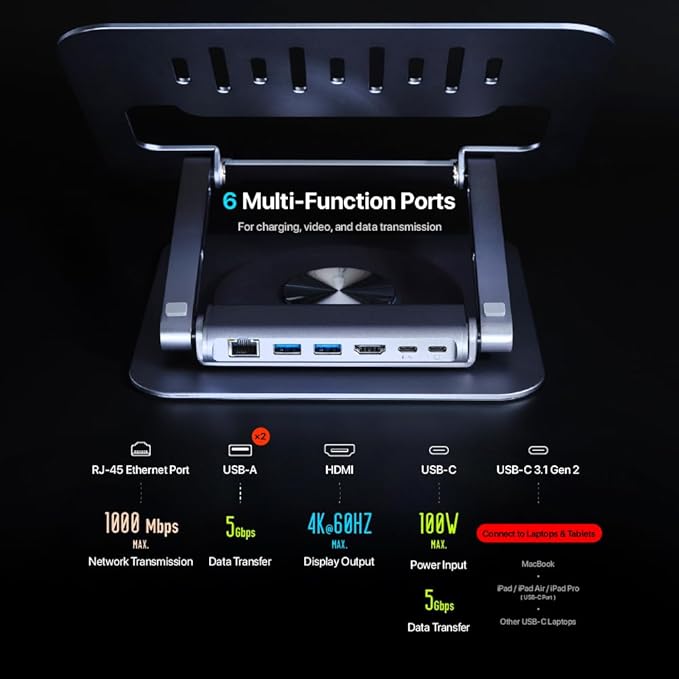 ADAM elements Hub Stand Pro 6-in-1 USB-C Laptop Docking Station Foldable Laptop Stand with 4K HDMI 100W PD &amp USB 3.0 for MacBook Pro/Air M4-M1 iPad &amp USB-C Laptops