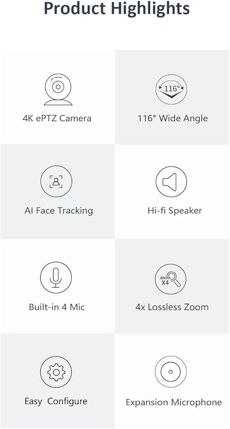 youyeetoo 4K Webcam ePTZ Video Conference Camera with Mircophone 116 Degree FOV 8mp AI Face Tracking Auto Zoom USB Plug-and-Play for Remote Conference/Online Education