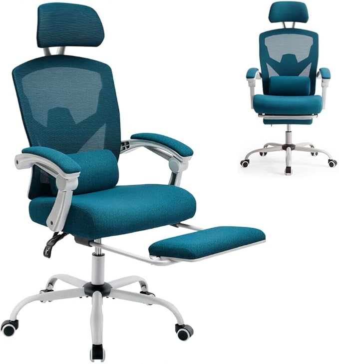 Ergonomic Desk Chair High Back Office Chair with Wheels and Arms Computer Chair with Footrest Swivel Reclining Gaming Chair with Headrest Comfy Armrest for Home Office Work Study Blue
