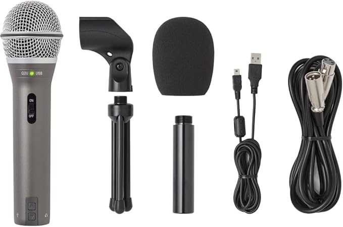 SAMSON Q2U Recording &amp Podcasting Pack | Gray Bundled with Pop Filter + Mic Arm + Microfiber Cleaning Cloth (4 Items)