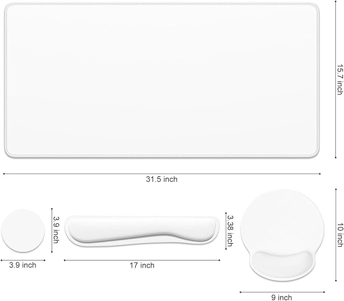 Dapesuom Large Gaming Mouse Pad White Mouse Pads with Wrist Rest Wrist Support 4in1 Big XXL Desk Mat Desk Pad + Ergonomic Mousepad + Memory Foam Keyboard Mat Wrist Rest + Coaster Set for Computer