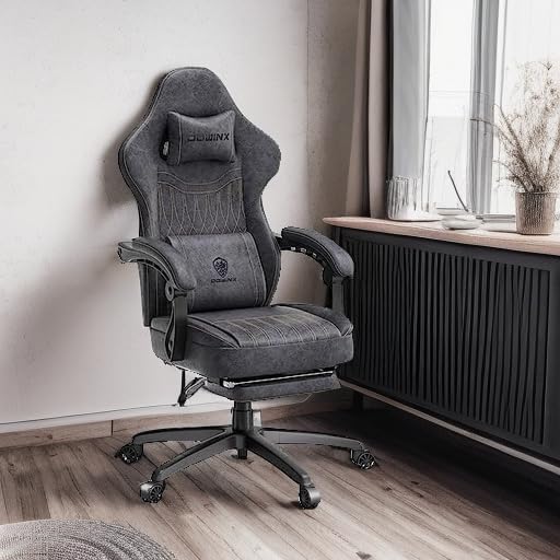 Dowinx Gaming Chair Breathable PU Leather Gamer Chair with Footrest Massage Lumbar Support Big and Tall Ergonomic Reclining Computer Chair with Pocket Spring Cushion for Adults Teens (Grey)