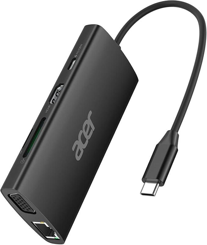Acer USB C Hub with 4K HDMI 9-in-1 USB C to Ethernet Adapter 5Gbps USBA 3.0 Docking Station VGA Splitter SD Card Reader PD 100W Charging for MacBook Acer Laptops Surface and More (Black)