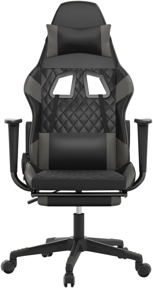 Gaming Chair with Footrest Black and Gray Faux Leather Gaming Chair with Ergonomic Design Adjustable Features - for Gamers and Office Use