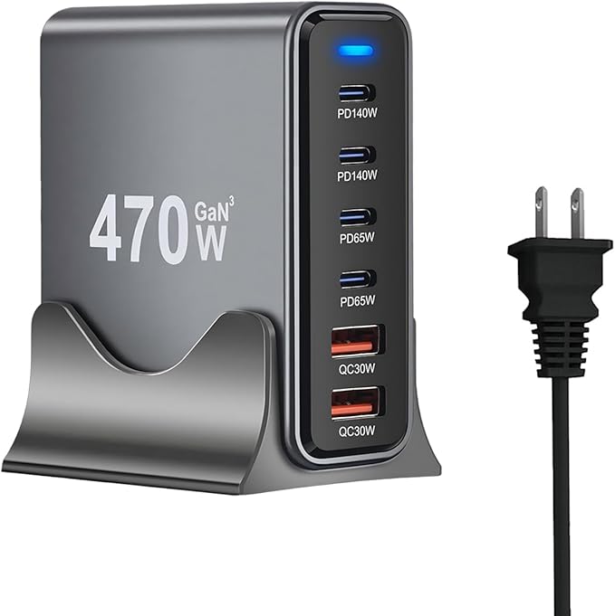 470W USB C Fast Charger Block 6 Ports GaN III USB Chagring Station Dual 140W PD PPS HUB for Multiple Devices Laptop Adapter Compatible with MacBook Pro/Air iPad iPhone Pro Max Galaxy Dell HP