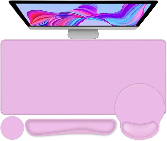 4 PCS Mouse Pad Desk Mat Protector Keyboard Wrist Rest + Comfortable Mouse Pad with Wrist Rest +Coaster Large Gaming Mousepad for Computer Laptop 35.4 X 15.7 XXL Deskpad for Office Home I Lilac