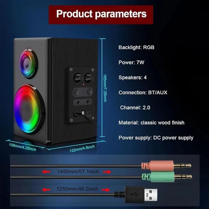JSEIAJB Support Gaming RGB 2.0 Speakers Aux 3.5mm Stereo Surround Music for Computer PC Loudspeakers
