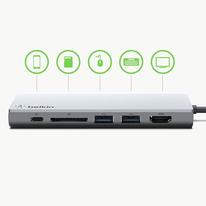 Belkin USB-C Hub 6-in-1 Multi-Port Docking Station for iPad iPad Pro iPad mini MacBook &amp More - 60W Power Delivery 3.0 4K HDMI USB-A Ethernet &amp SD Card Ports