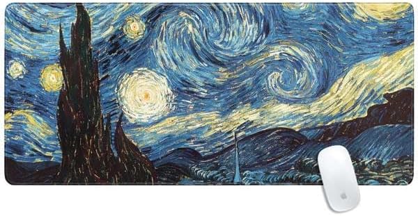 Skinit Extra Large Gaming Mouse Pad - Officially Licensed Van Gogh - The Starry Night Design with Stitched Edges Waterproof Non-Slip Rubber Base Desk Mat for Keyboard &amp Mouse 35.75 x 15.4 in