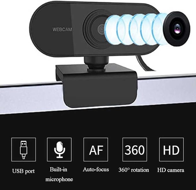 GIZNXBA Webcam for PC Laptop Desktop Computer USB Webcam with Microphone 360° Rotation Pan &amp Tilt Privacy Shutter Streaming Camera for Meeting/Online Video Calls(Black B2K)