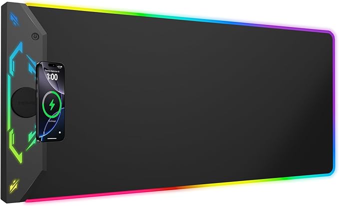 Gaming Mouse Pad RGB 35x15.8 Large Keyboard Desk Mat with Magnetic Wireless Charging for iPhone 24 Light Effects Non-Slip Base Waterproof Ultra-Smooth Surface with Adapter Black